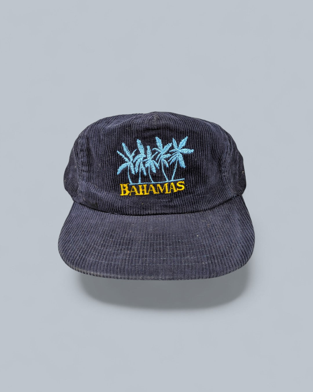 KABURU vintage『BAHAMAS』ネイビーのコーデュロイキャップ。ヤシの木とBAHAMASのロゴ刺繍